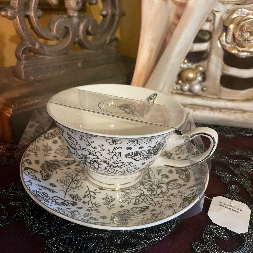 GRACE TEAWARE NEW Butterfly Moth Black and White Botanical Teacup and Saucer Set
